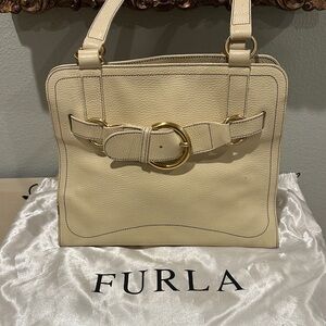 Furla Beige Leather Shoulder Bag with Gold Accents